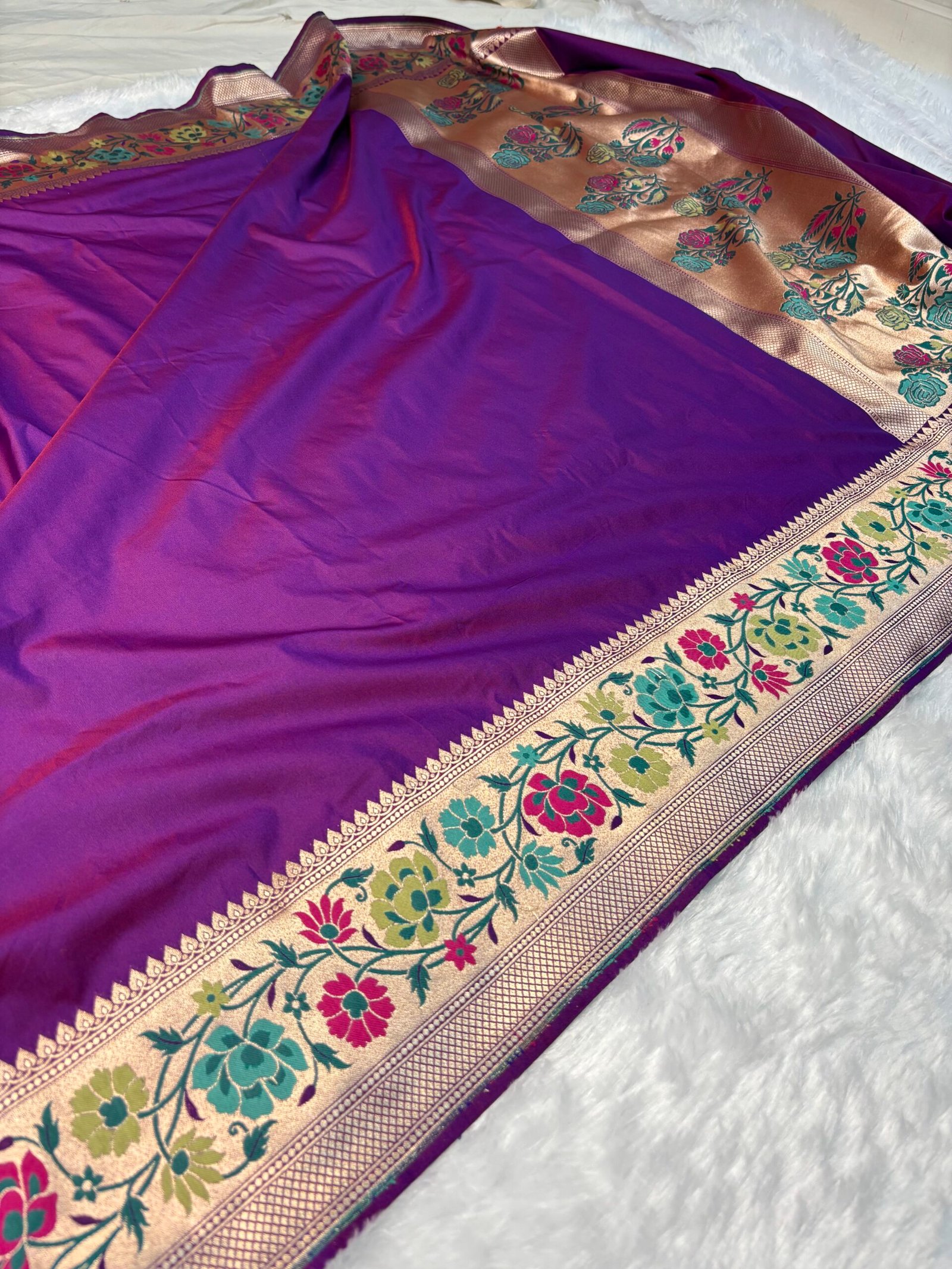 Purple Plain Paithani-Style Uppada Katan Silk Banarasi Saree-Front View