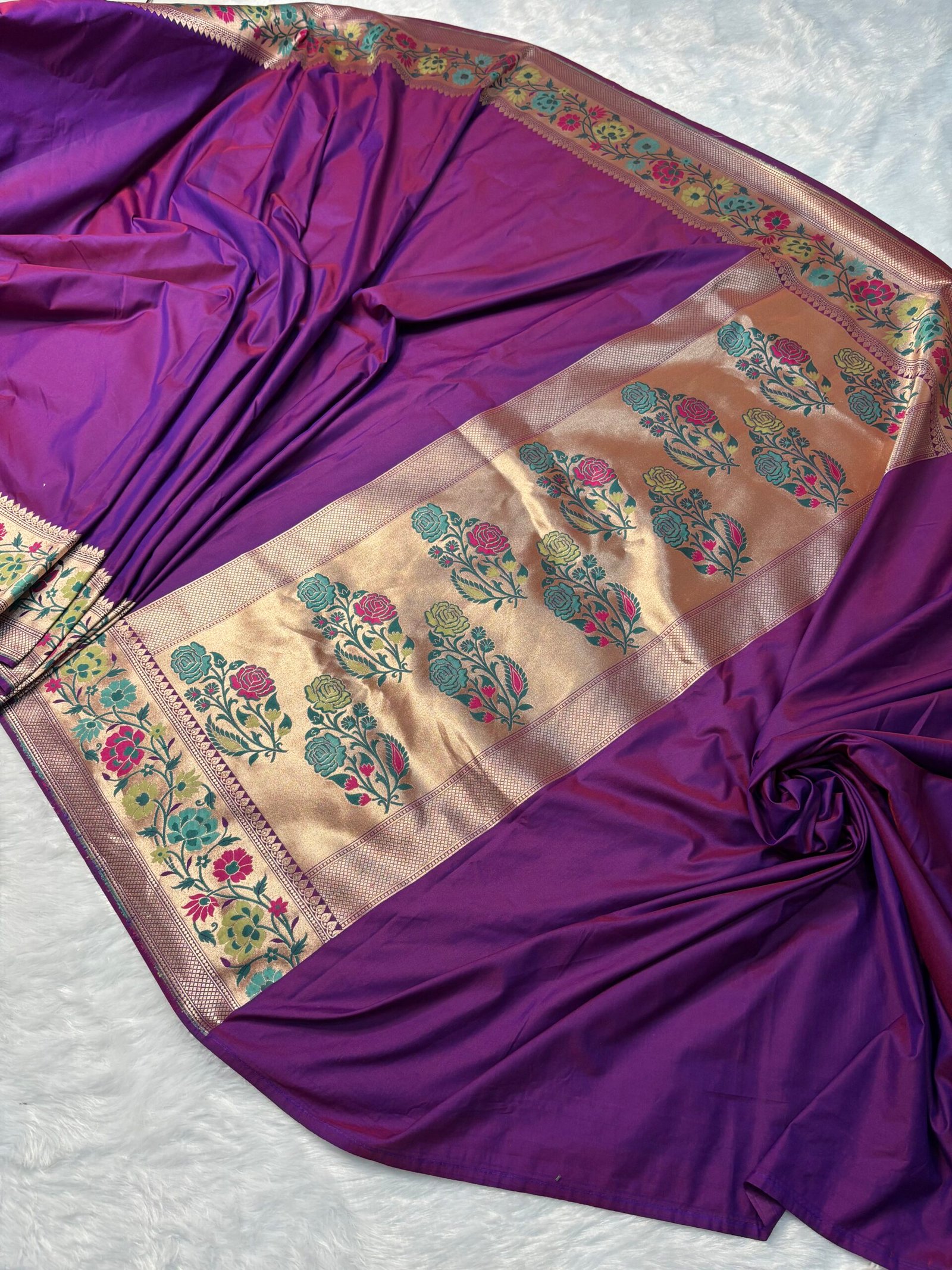 Purple Plain Paithani-Style Uppada Katan Silk Banarasi Saree-Pallu Detail