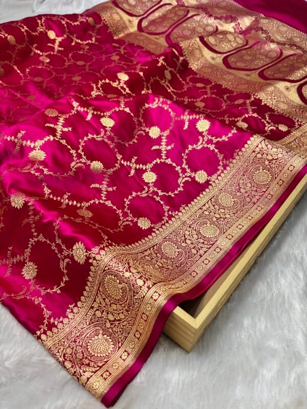 Rani Pink Floral Jaal Satin Katan Silk Banarasi Saree