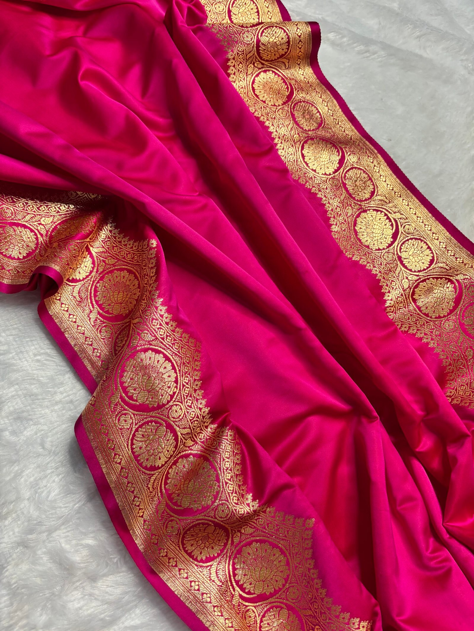 Rani Pink Plain Banarasi Satin Silk Saree