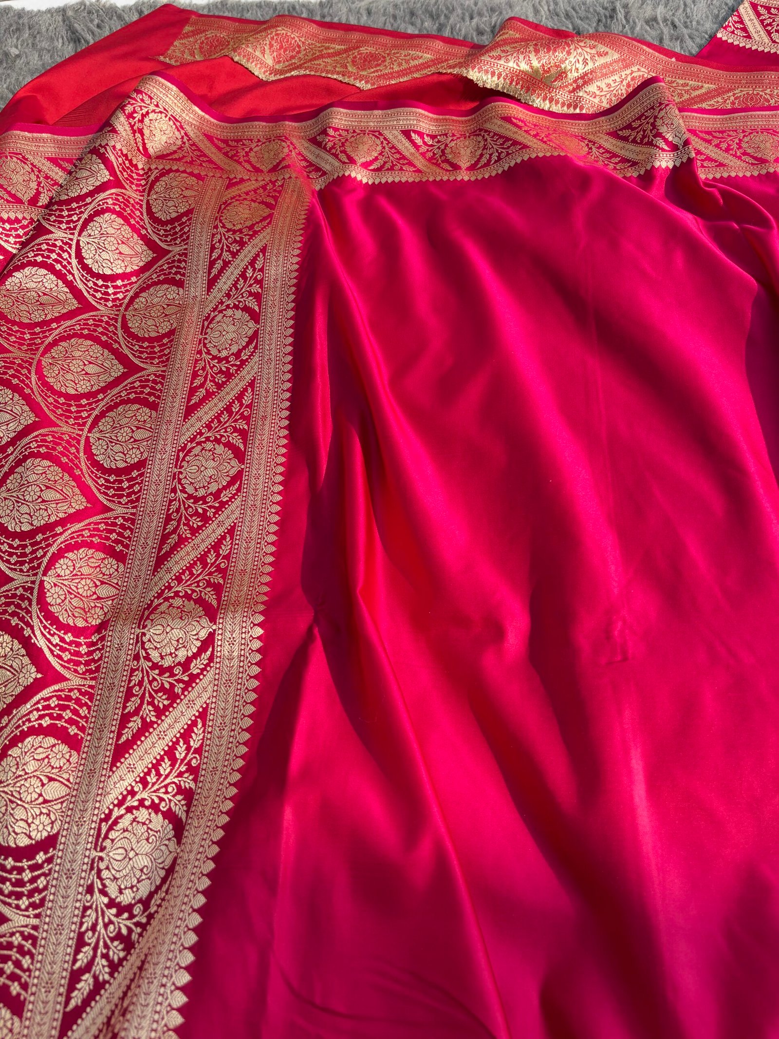 Red Cherry Plain Banarasi Satin Katan Silk Saree-Front View