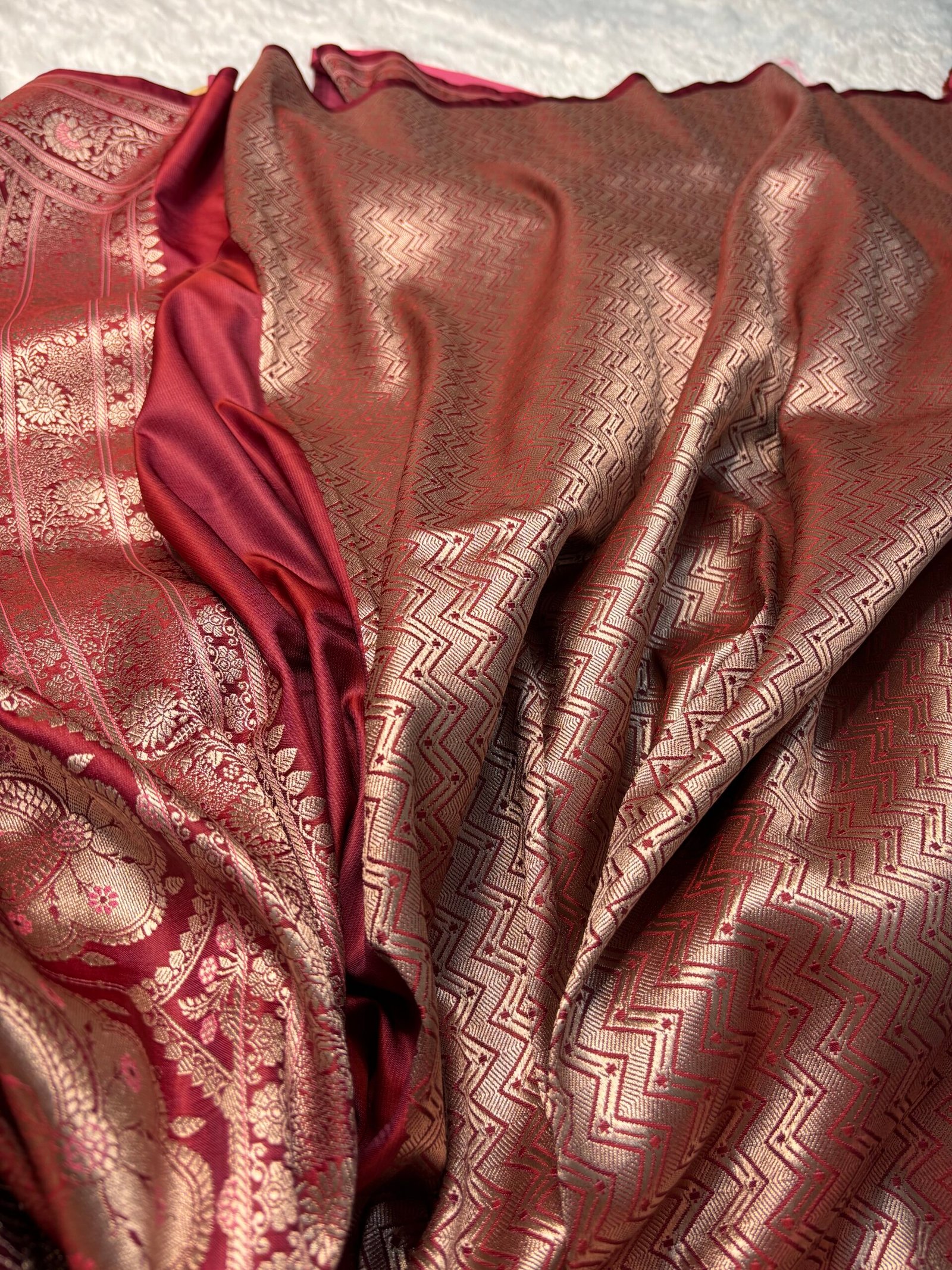 Rose Pink Banarasi Rangkat Mashru Silk Saree-Blouse