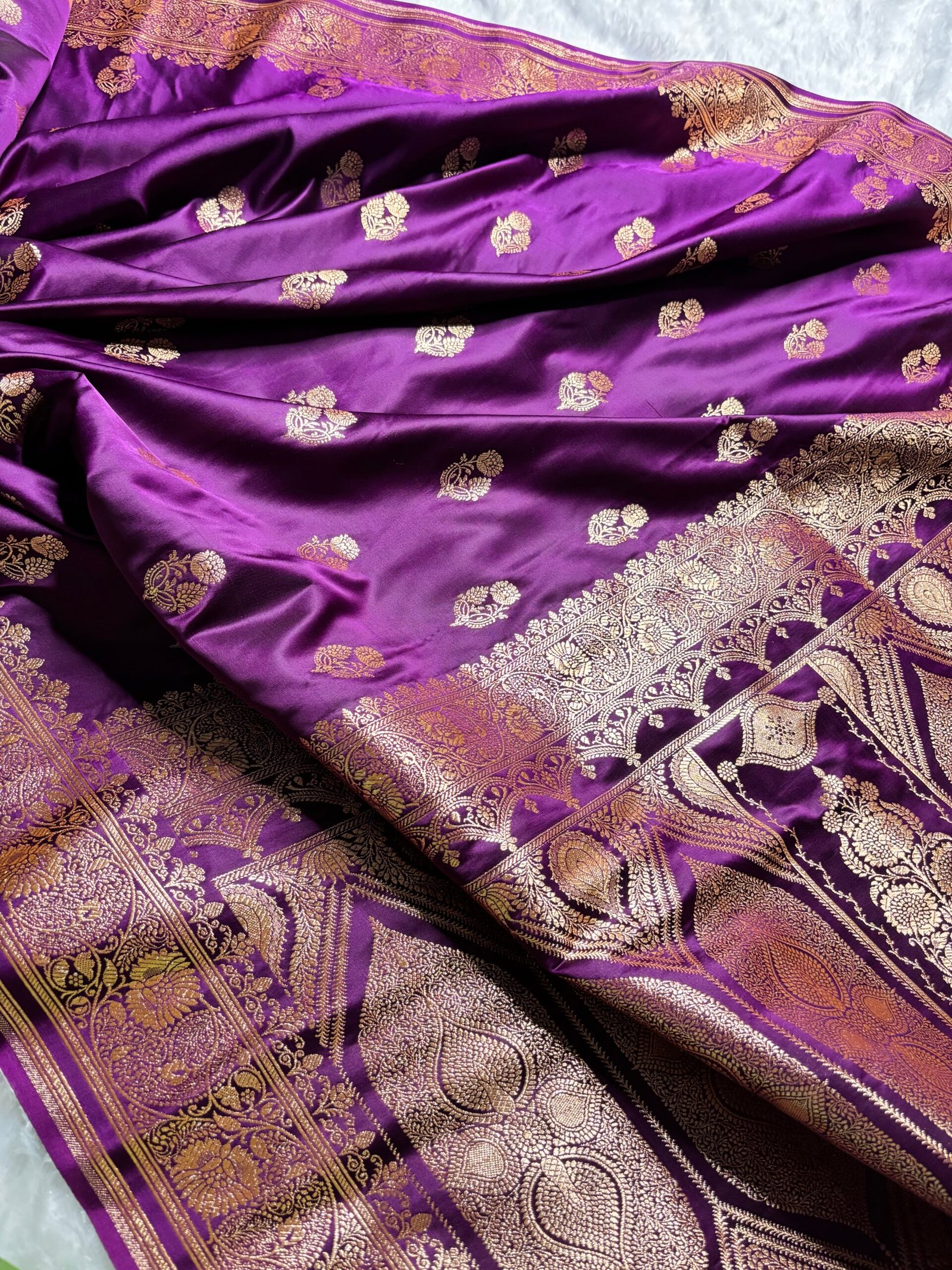 Royal Purple Boota Satin Katan Silk Banarasi Saree-Front View