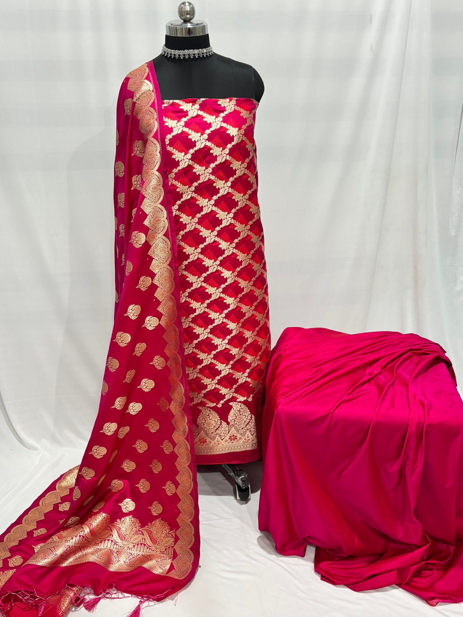 Ruby Pink Mashru Silk Banarasi Suit with Soft Meena Pattern-Front View