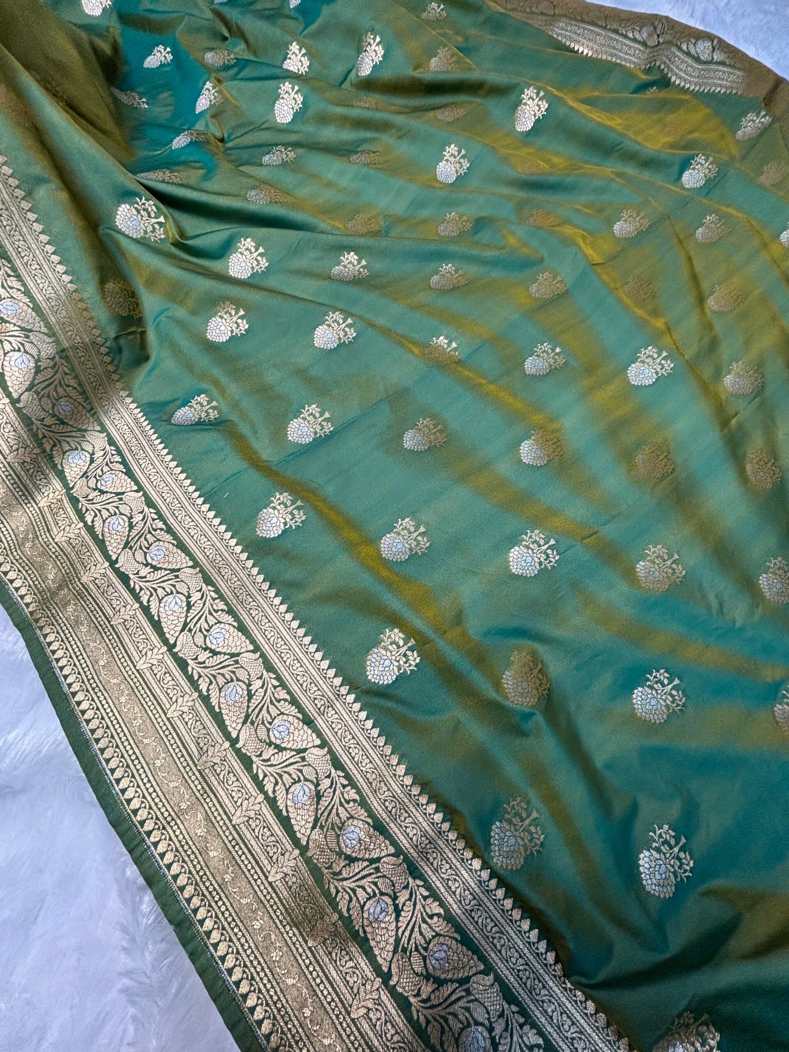 Short Green Uppada Katan Silk Banarasi Saree-Front View