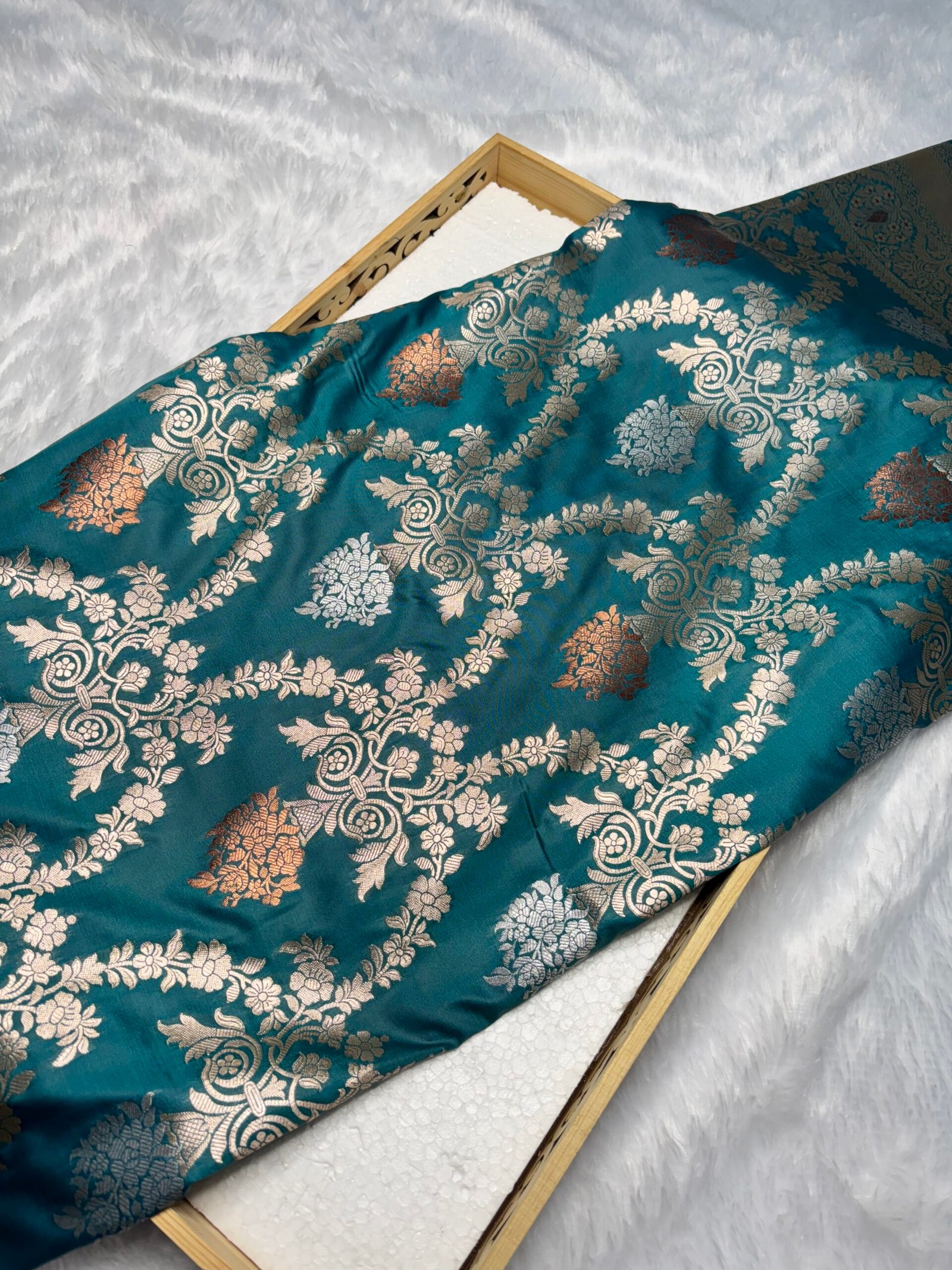 Teal Blue Katan Silk Uppada Banarasi Saree-Front View