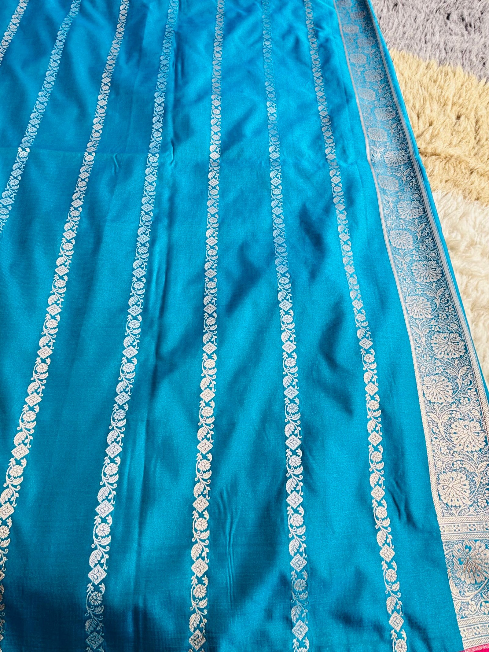 Turquoise Blue Banarasi Booti Mashru Katan Silk Saree-Blouse