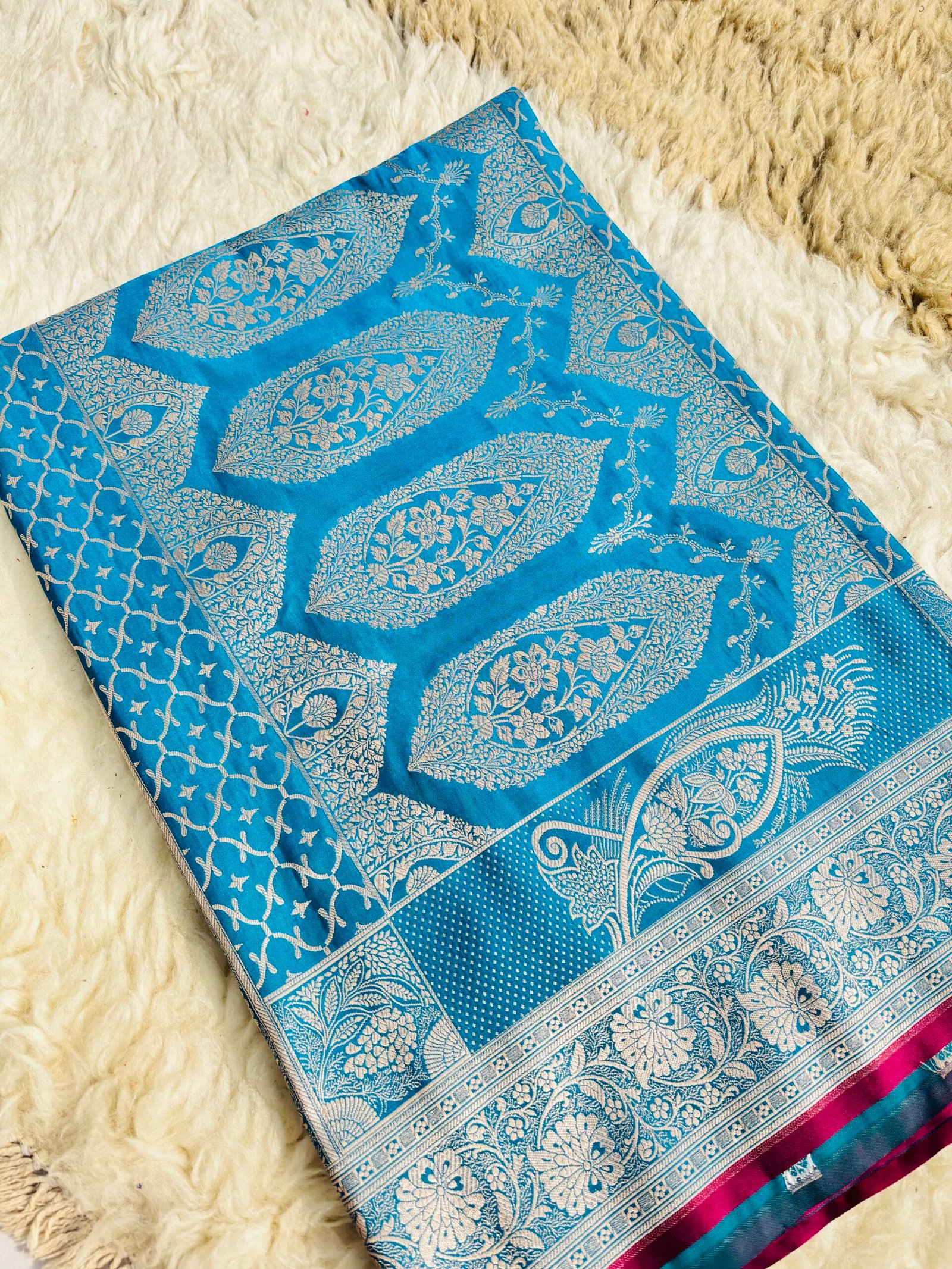 Turquoise Blue Banarasi Booti Mashru Katan Silk Saree